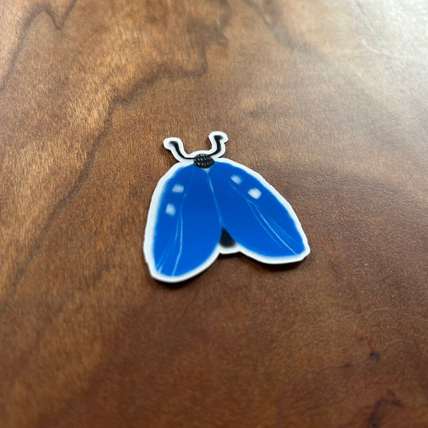 Blue butterfly-shaped object on a wooden surface