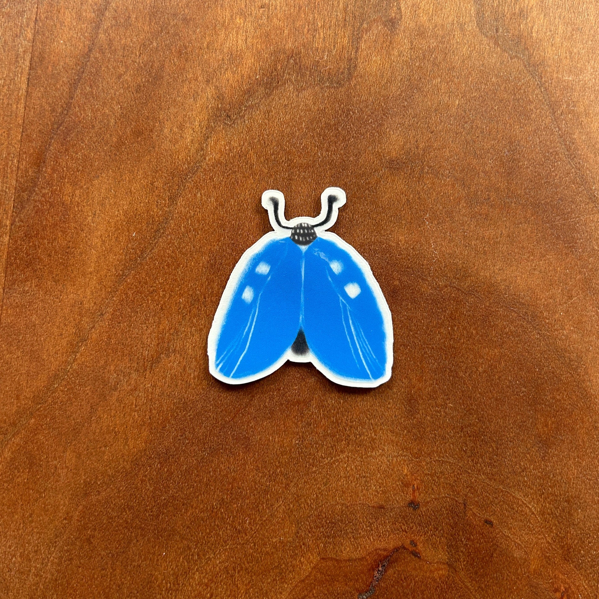 Blue butterfly sticker on a wooden surface