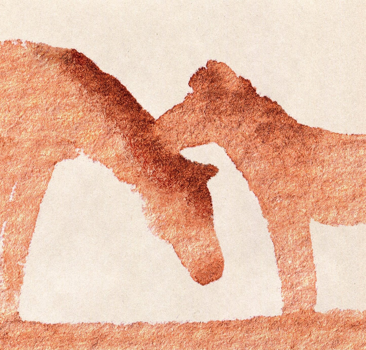 Artistic depiction of two horses intertwined with watercolor texture on a beige background