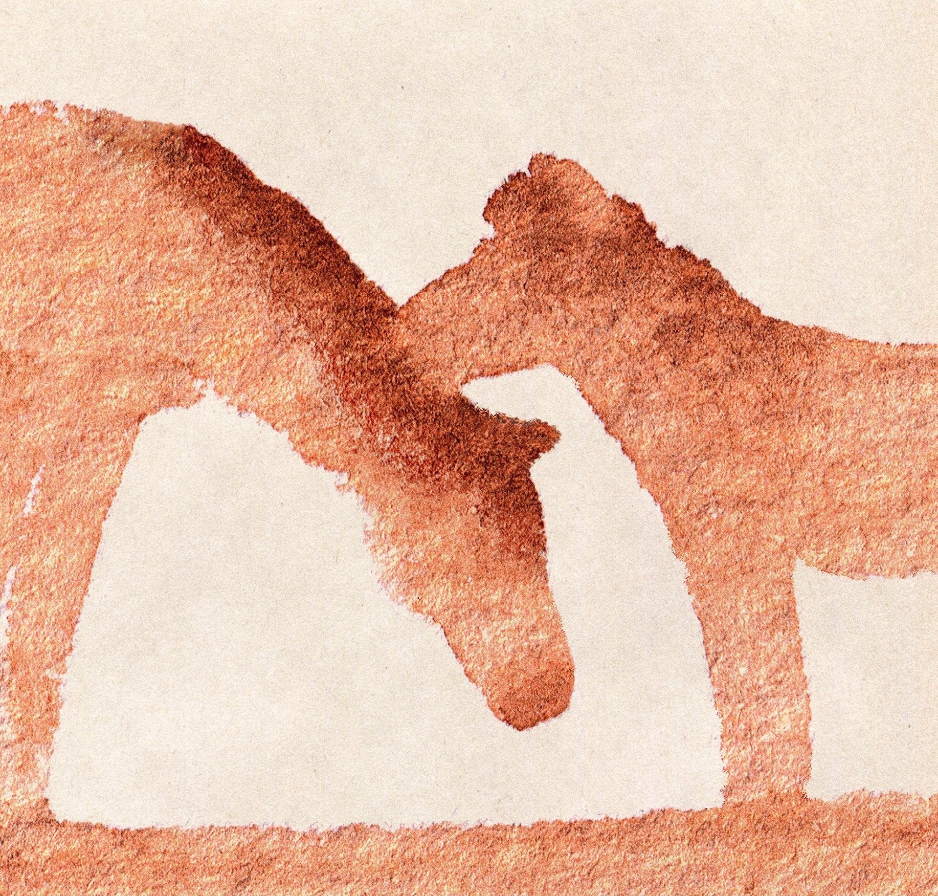 Artistic depiction of two horses intertwined with watercolor texture on a beige background