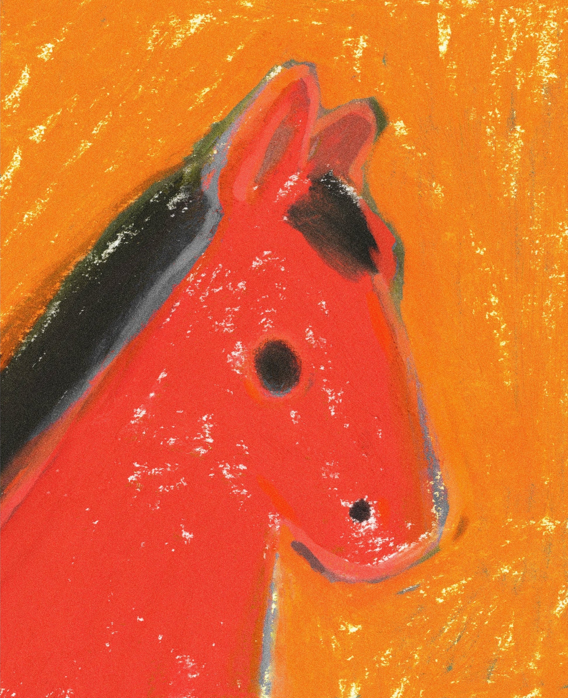 Abstract painting of a red horse head on an orange background